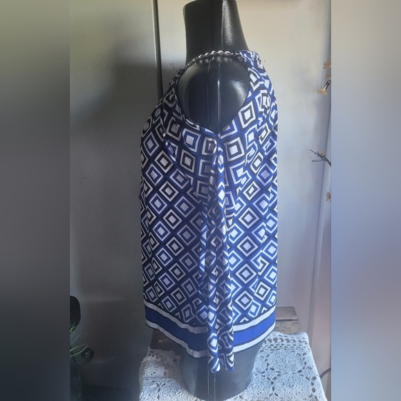 Michael Kors Blue and White Square Print Long Sleeve Cold Shoulder Top M - Picture 3 of 7